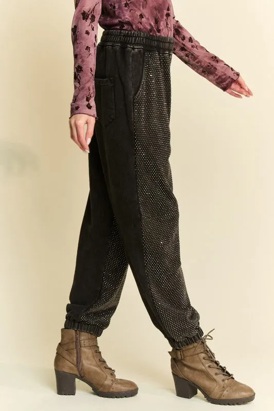 MQTIME  -  Rhinestone Elastic Waist Joggers