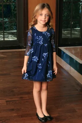 Navy Blue Floral Empire Waist Three-Quarter Sleeve Dress - Girls