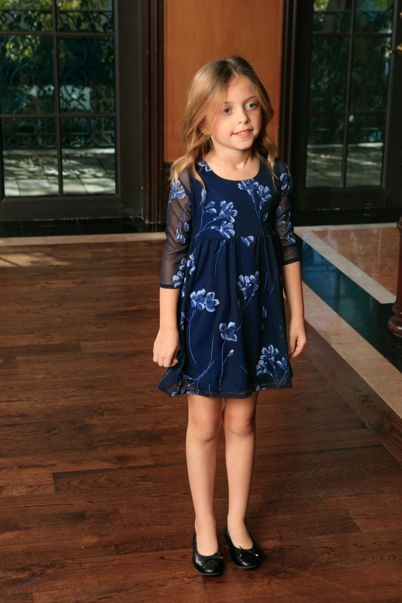 Navy Blue Floral Empire Waist Three-Quarter Sleeve Dress - Girls