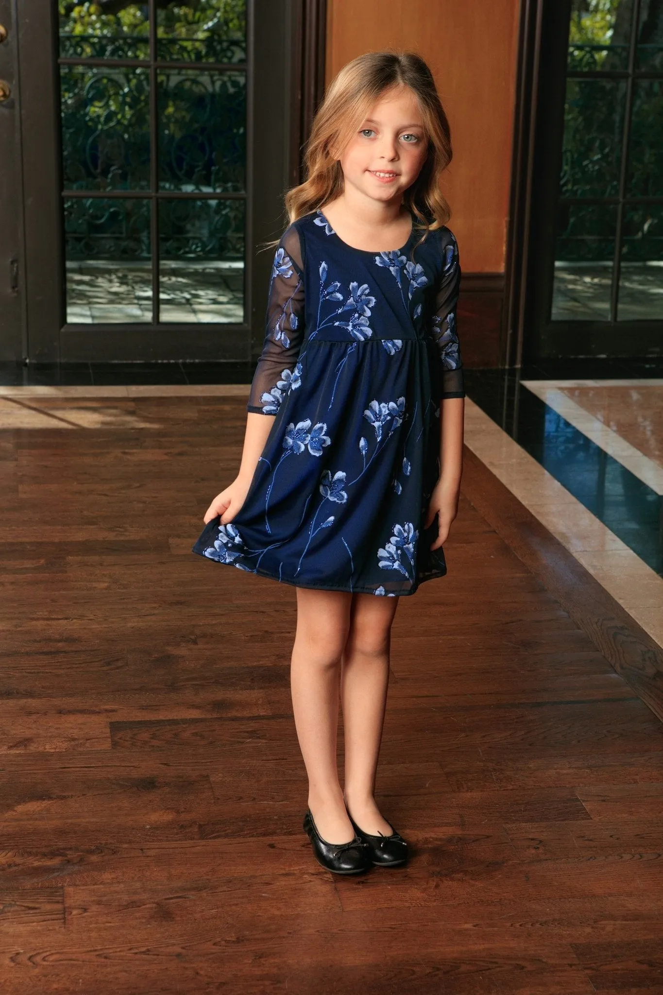 Navy Blue Floral Empire Waist Three-Quarter Sleeve Dress - Girls