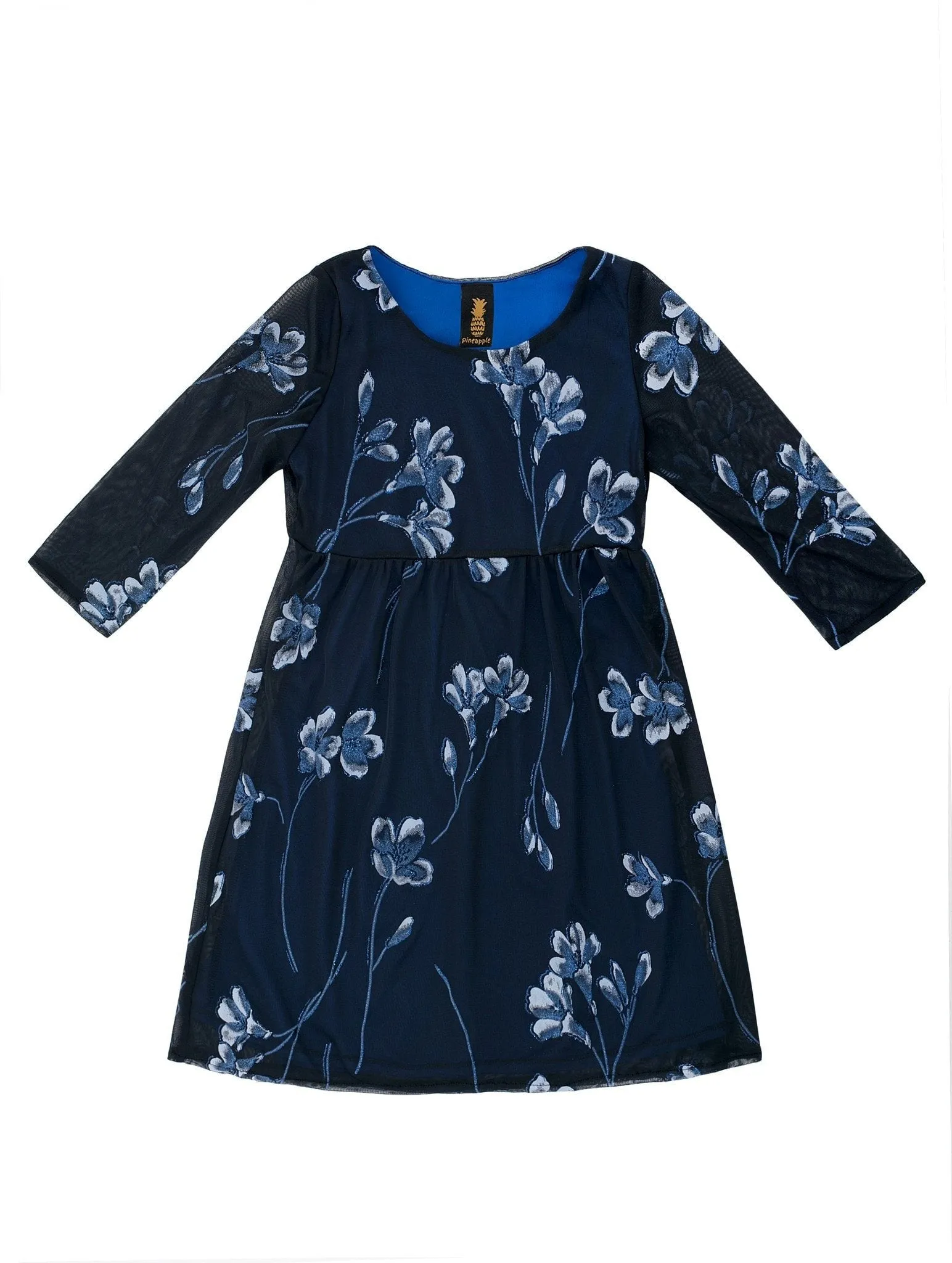 Navy Blue Floral Empire Waist Three-Quarter Sleeve Dress - Girls