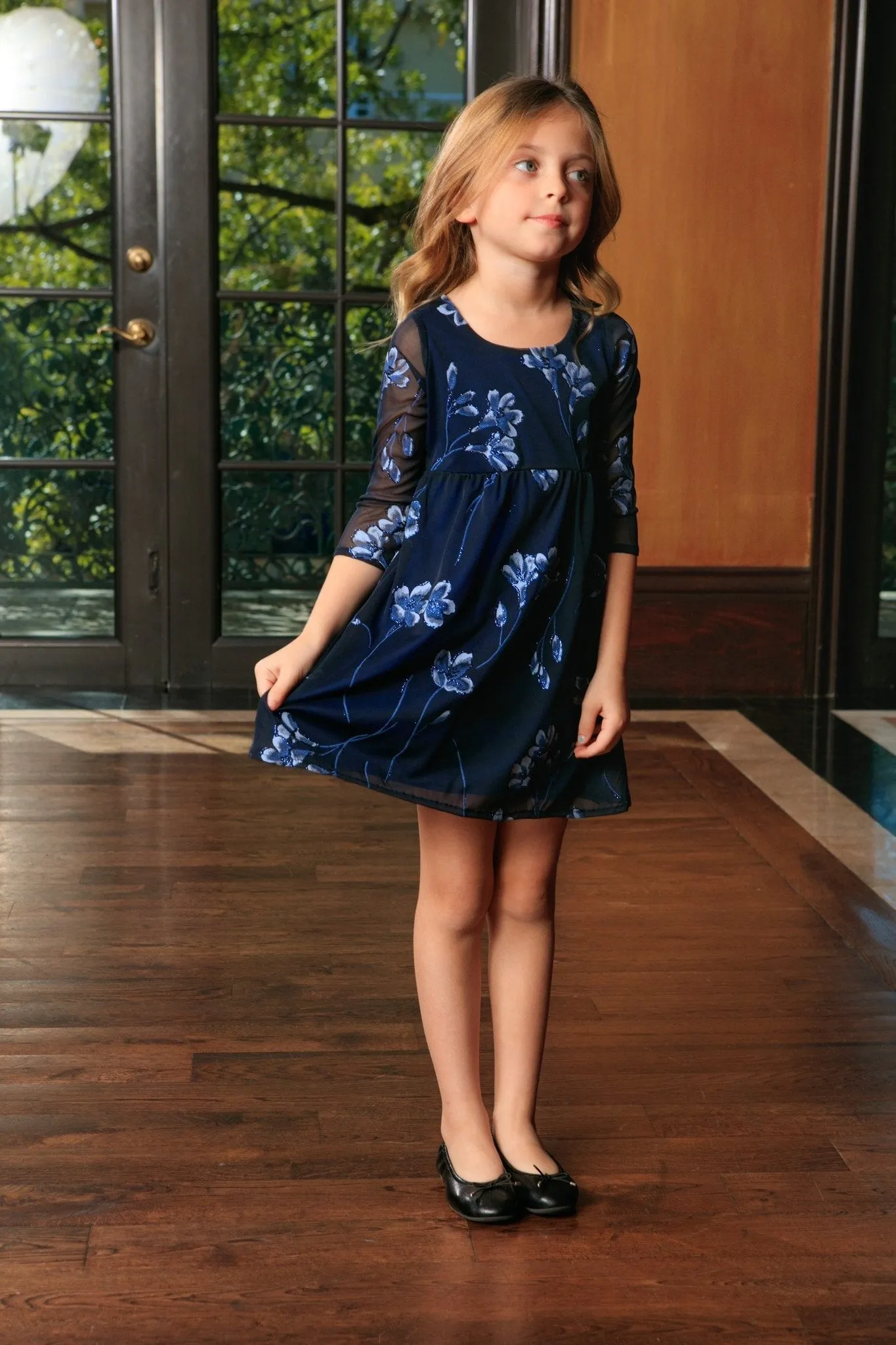 Navy Blue Floral Empire Waist Three-Quarter Sleeve Dress - Girls