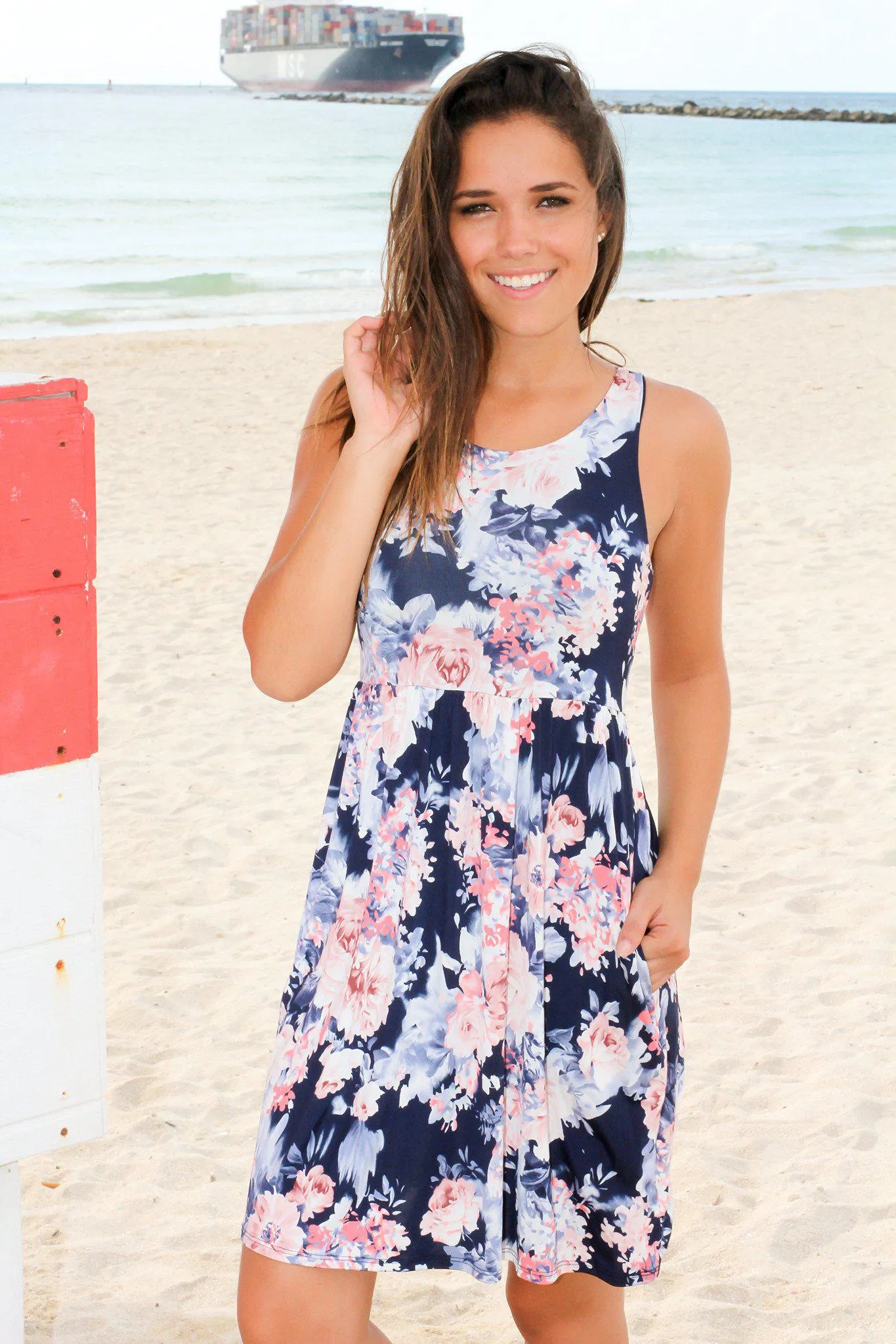 Navy Floral Midi Dress