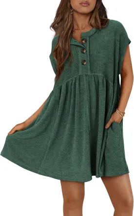 NOLLSOM Women's Summer Dresses 2025 Cap Sleeves Button Down Solid Oversized Short Dress Tshirt Mini Dress with Pockets
