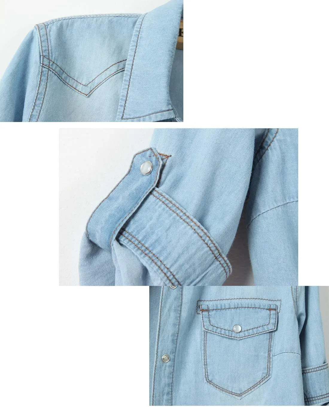 Omoone Women's 3/4 Sleeve Denim Crop Top Tie Knot Shirt Cardigan