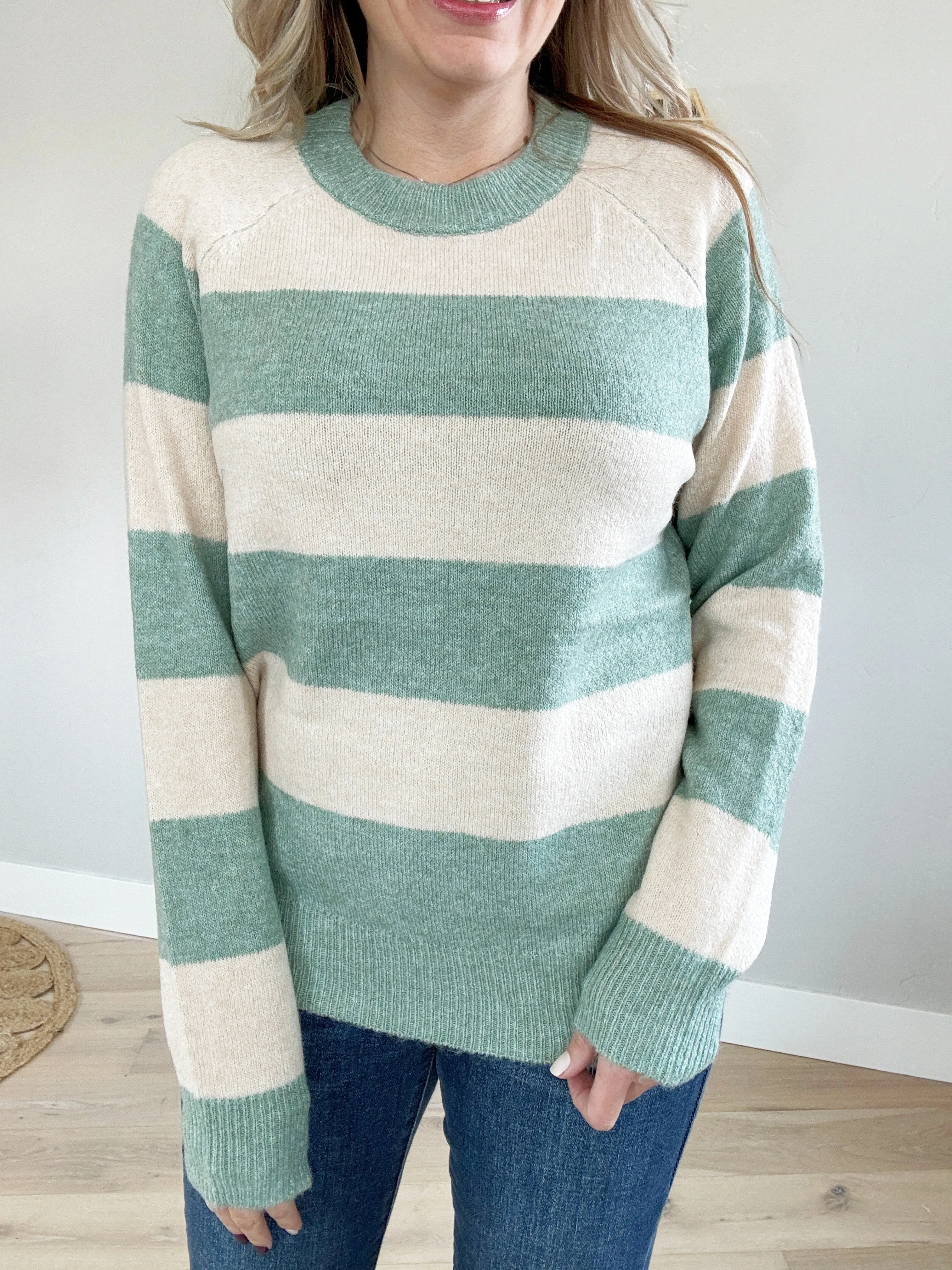Only You Striped Color Block Crew Neck Sweater in Dark Mint