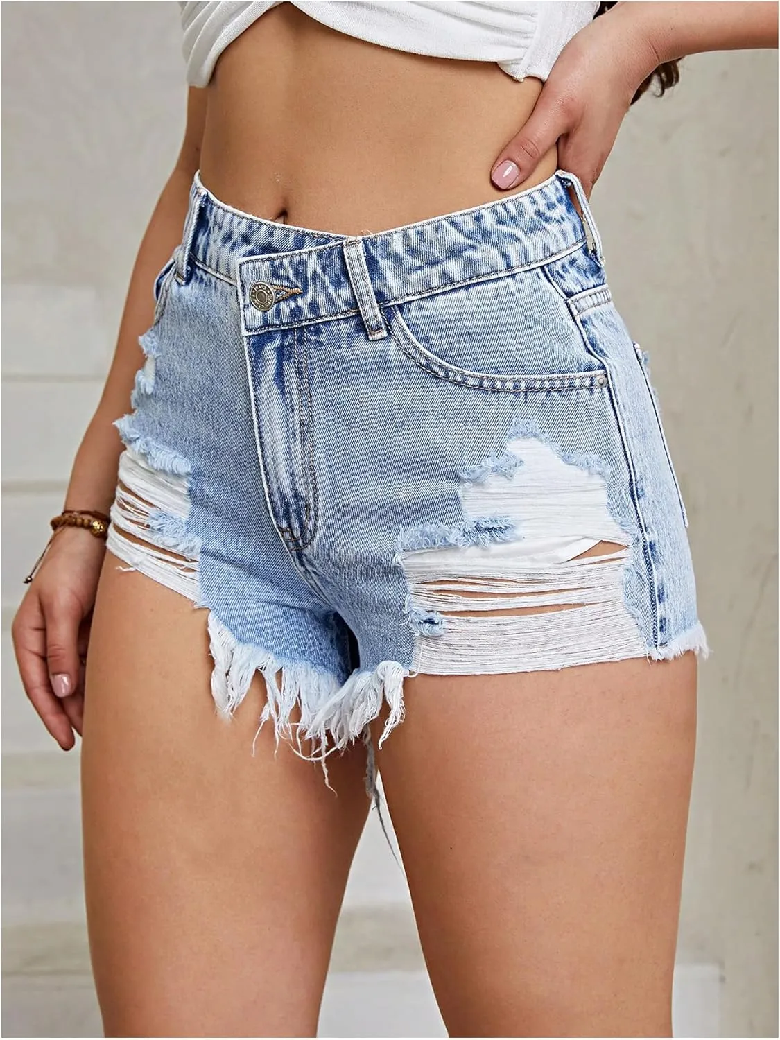 OYOANGLE Women's Casual Straight Leg Ripped Jean Shorts Mid Rise Distressed Denim Shorts