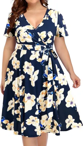 Pinup Fashion Women Plus Size Dresses Wedding Guest - Semi Formal Cocktail Wrap Empire Waist Midi Dress