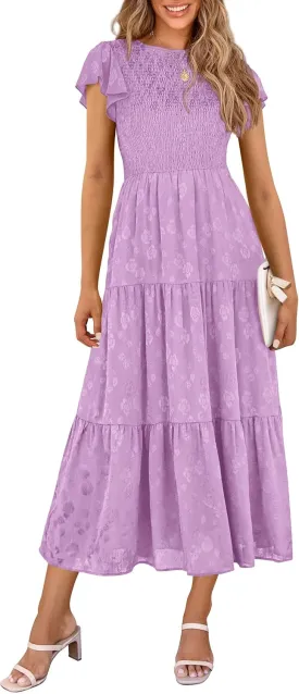 PRETTYGARDEN Midi Dress for Women 2025 Summer Floral Cap Sleeve Smocked Ruffle A Line Long Flowy Wedding Guest Dresses