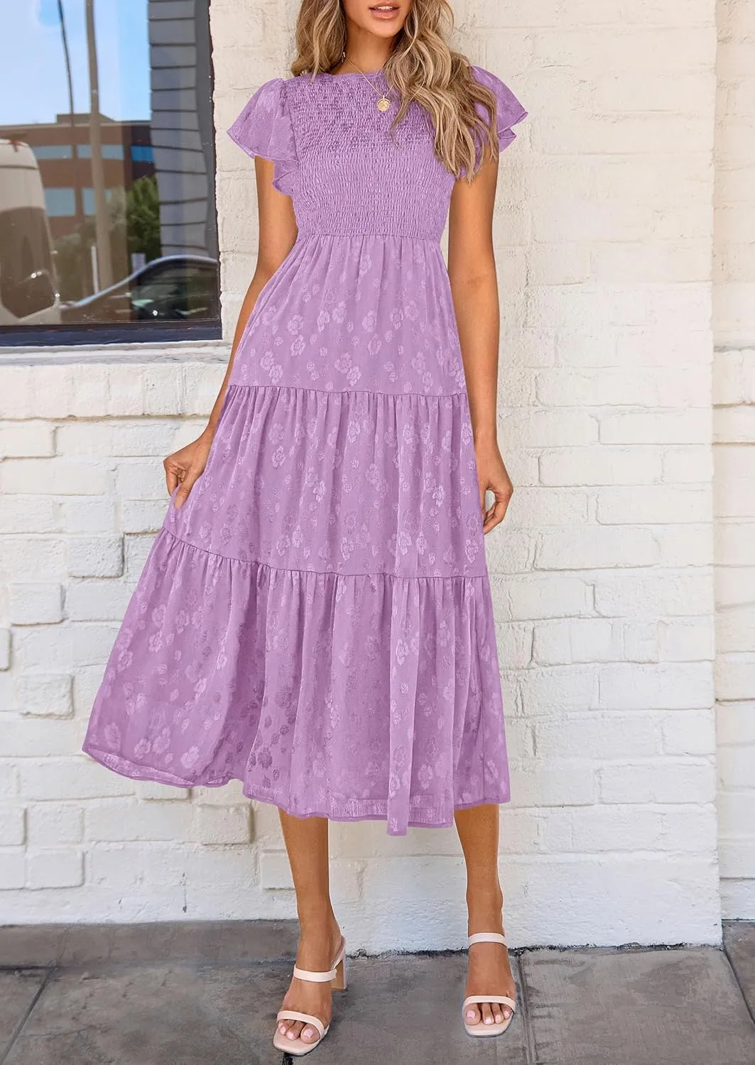 PRETTYGARDEN Midi Dress for Women 2025 Summer Floral Cap Sleeve Smocked Ruffle A Line Long Flowy Wedding Guest Dresses