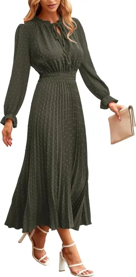 PRETTYGARDEN Women's 2025 Spring Fall Midi Dress Casual Long Sleeve V Neck Swiss Dot Pleated A Line Flowy Dresses
