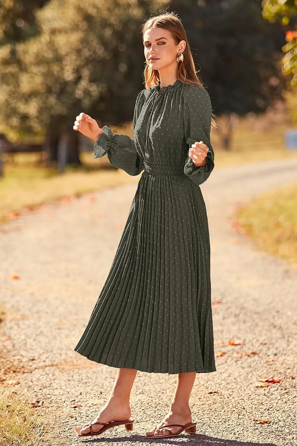 PRETTYGARDEN Women's 2025 Spring Fall Midi Dress Casual Long Sleeve V Neck Swiss Dot Pleated A Line Flowy Dresses