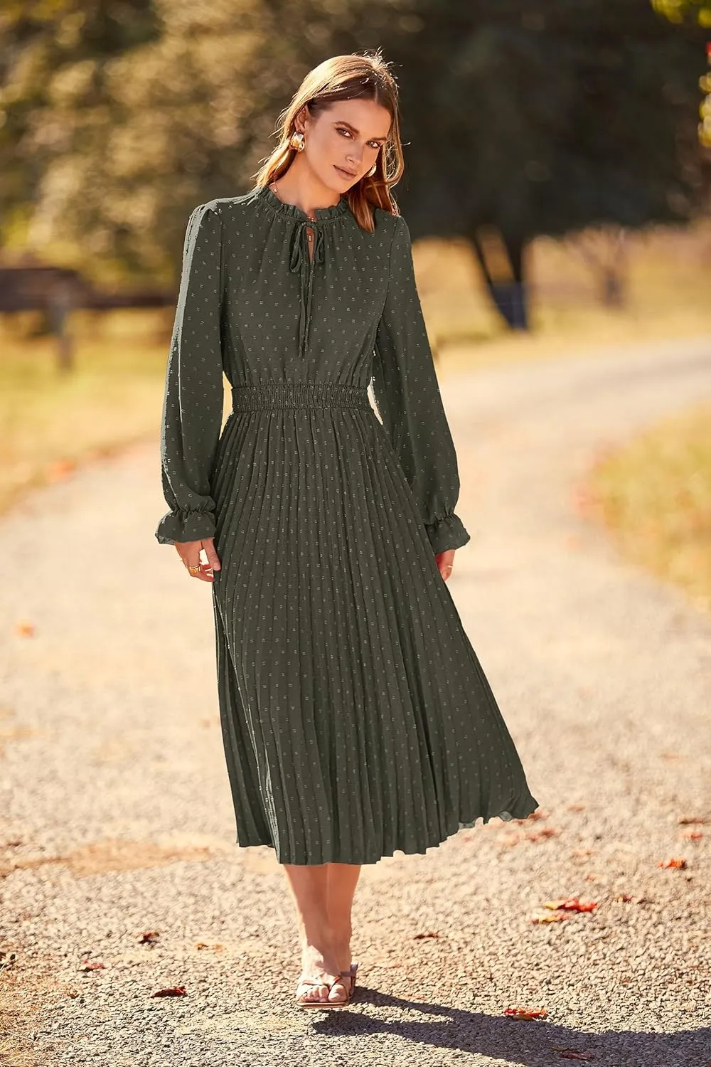 PRETTYGARDEN Women's 2025 Spring Fall Midi Dress Casual Long Sleeve V Neck Swiss Dot Pleated A Line Flowy Dresses