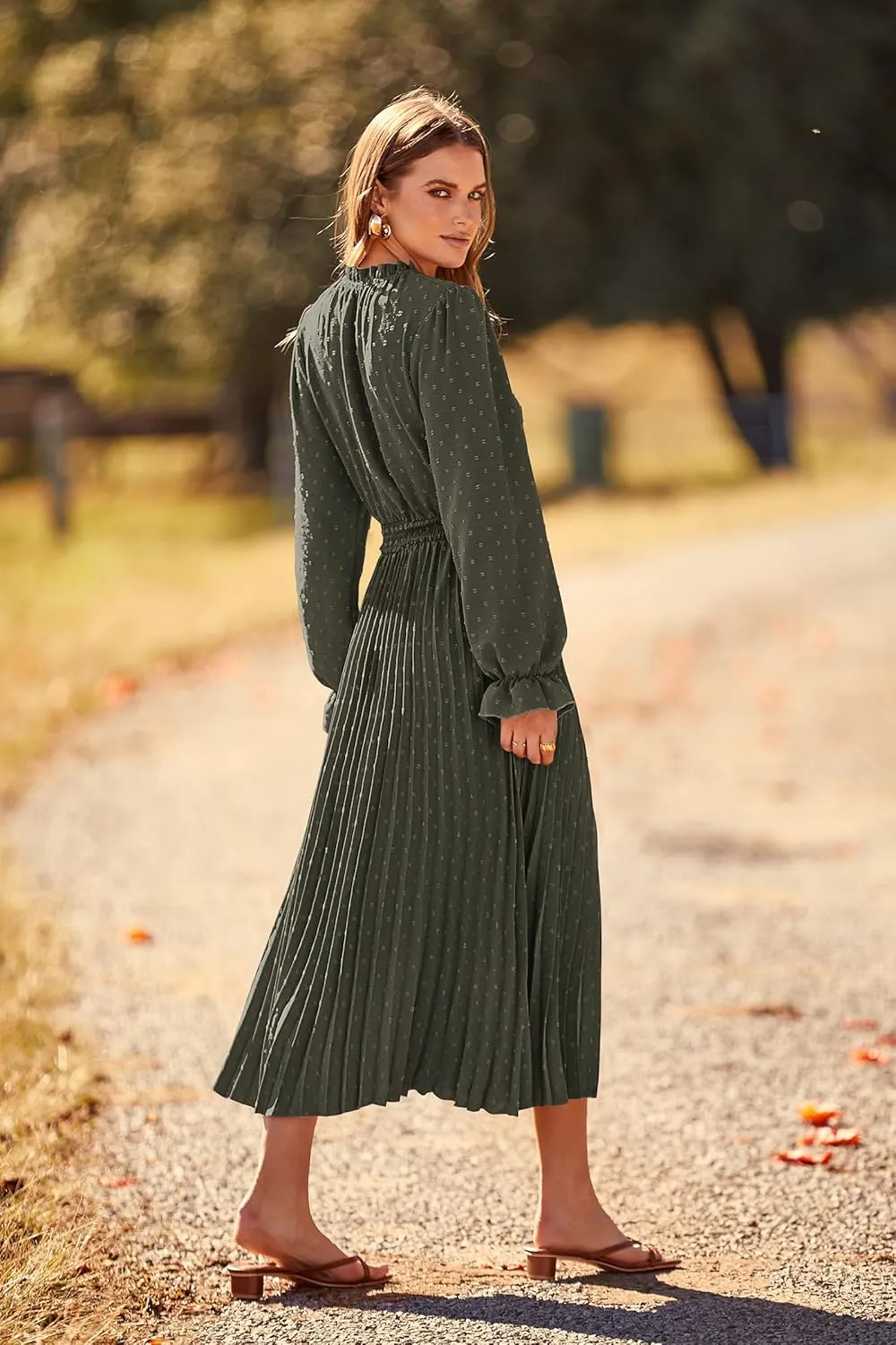 PRETTYGARDEN Women's 2025 Spring Fall Midi Dress Casual Long Sleeve V Neck Swiss Dot Pleated A Line Flowy Dresses