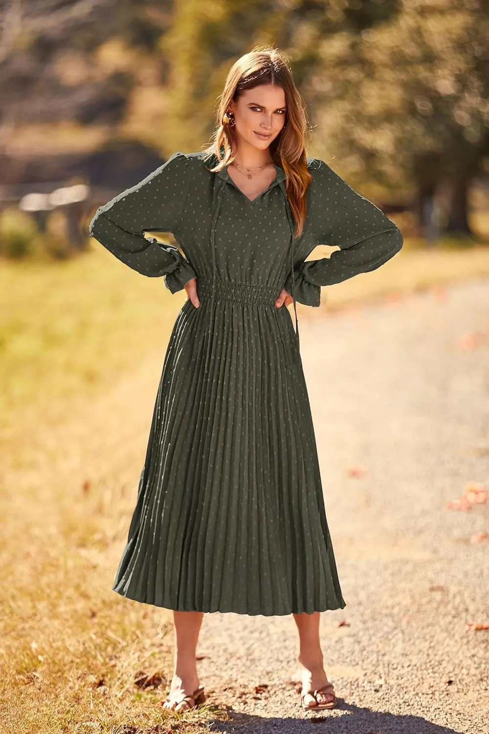 PRETTYGARDEN Women's 2025 Spring Fall Midi Dress Casual Long Sleeve V Neck Swiss Dot Pleated A Line Flowy Dresses