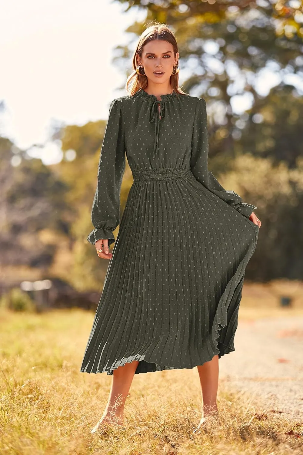 PRETTYGARDEN Women's 2025 Spring Fall Midi Dress Casual Long Sleeve V Neck Swiss Dot Pleated A Line Flowy Dresses