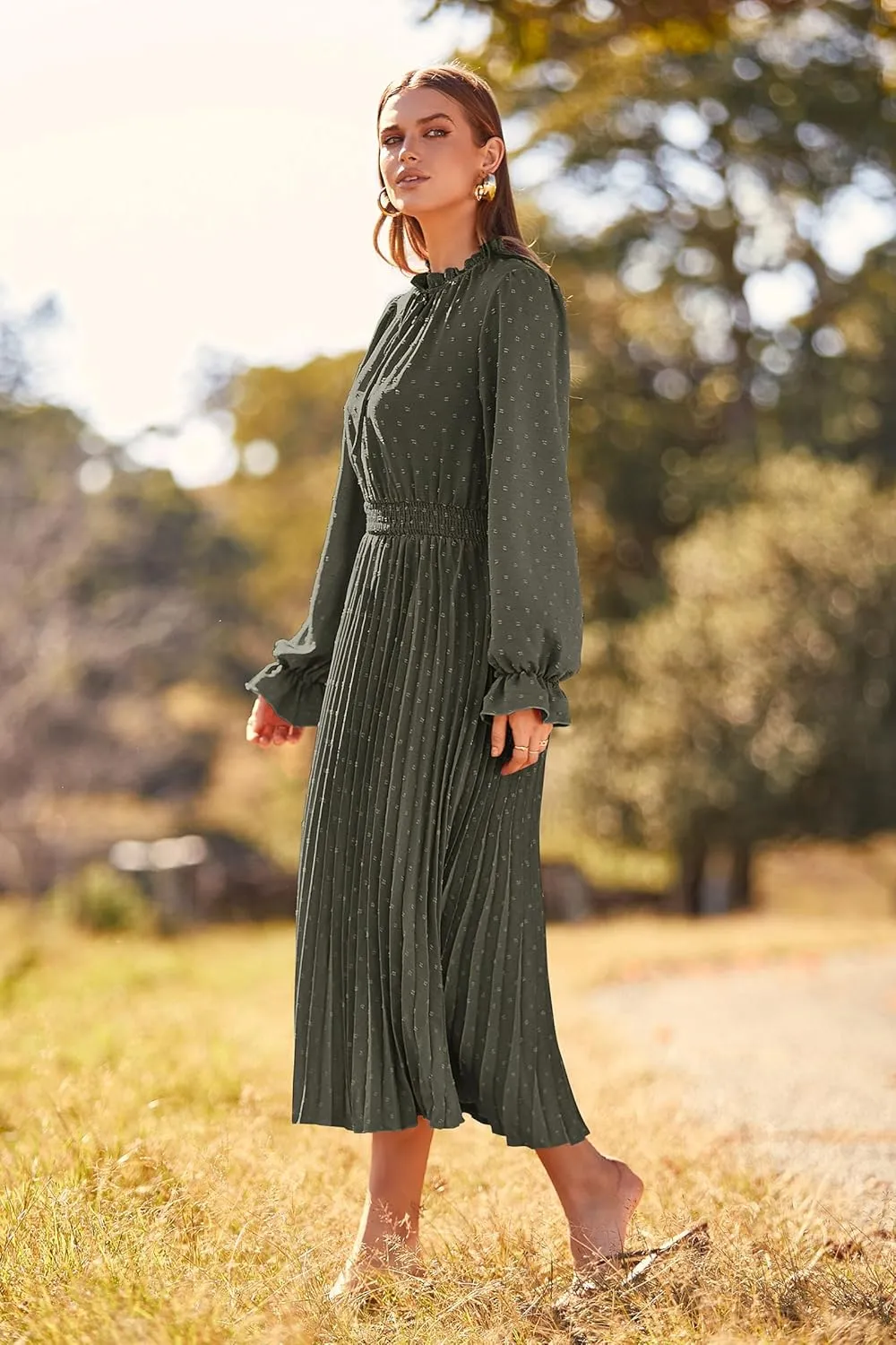 PRETTYGARDEN Women's 2025 Spring Fall Midi Dress Casual Long Sleeve V Neck Swiss Dot Pleated A Line Flowy Dresses