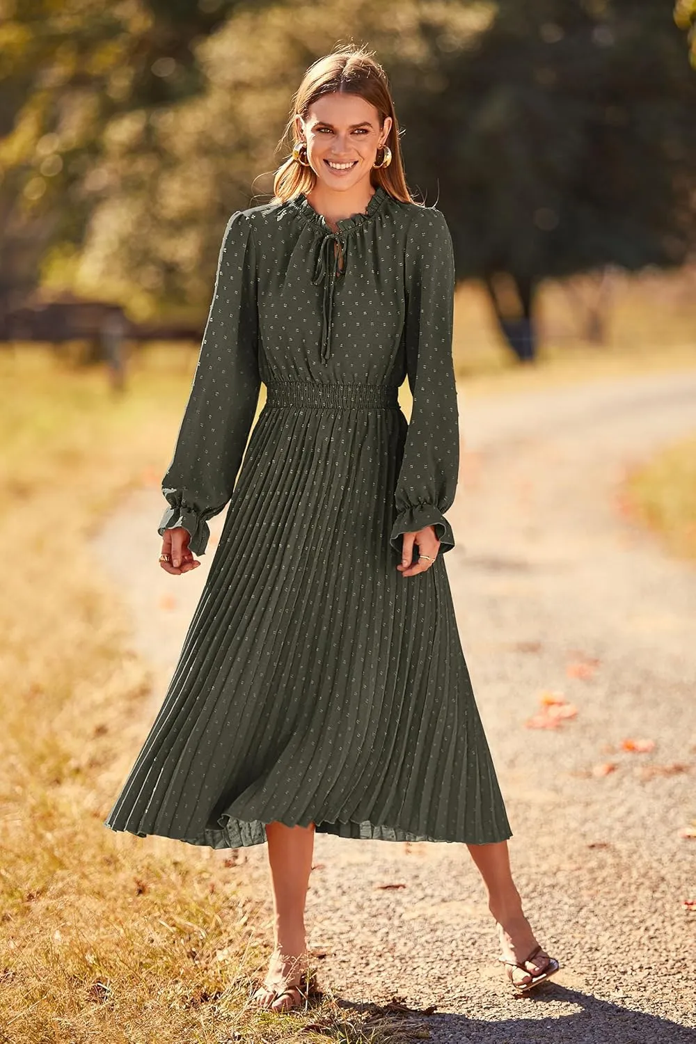 PRETTYGARDEN Women's 2025 Spring Fall Midi Dress Casual Long Sleeve V Neck Swiss Dot Pleated A Line Flowy Dresses