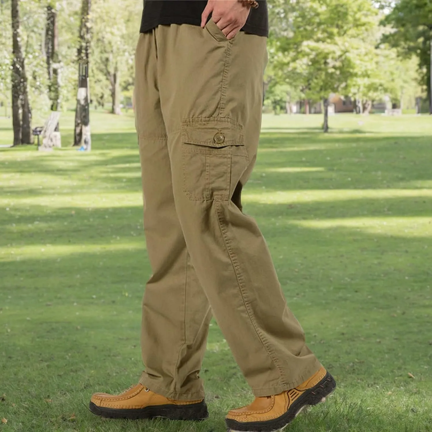 Raroauf Men's Full Elastic Waist Casual Cargo Pants Relaxed Fit Lightweight Pull On Work Pant