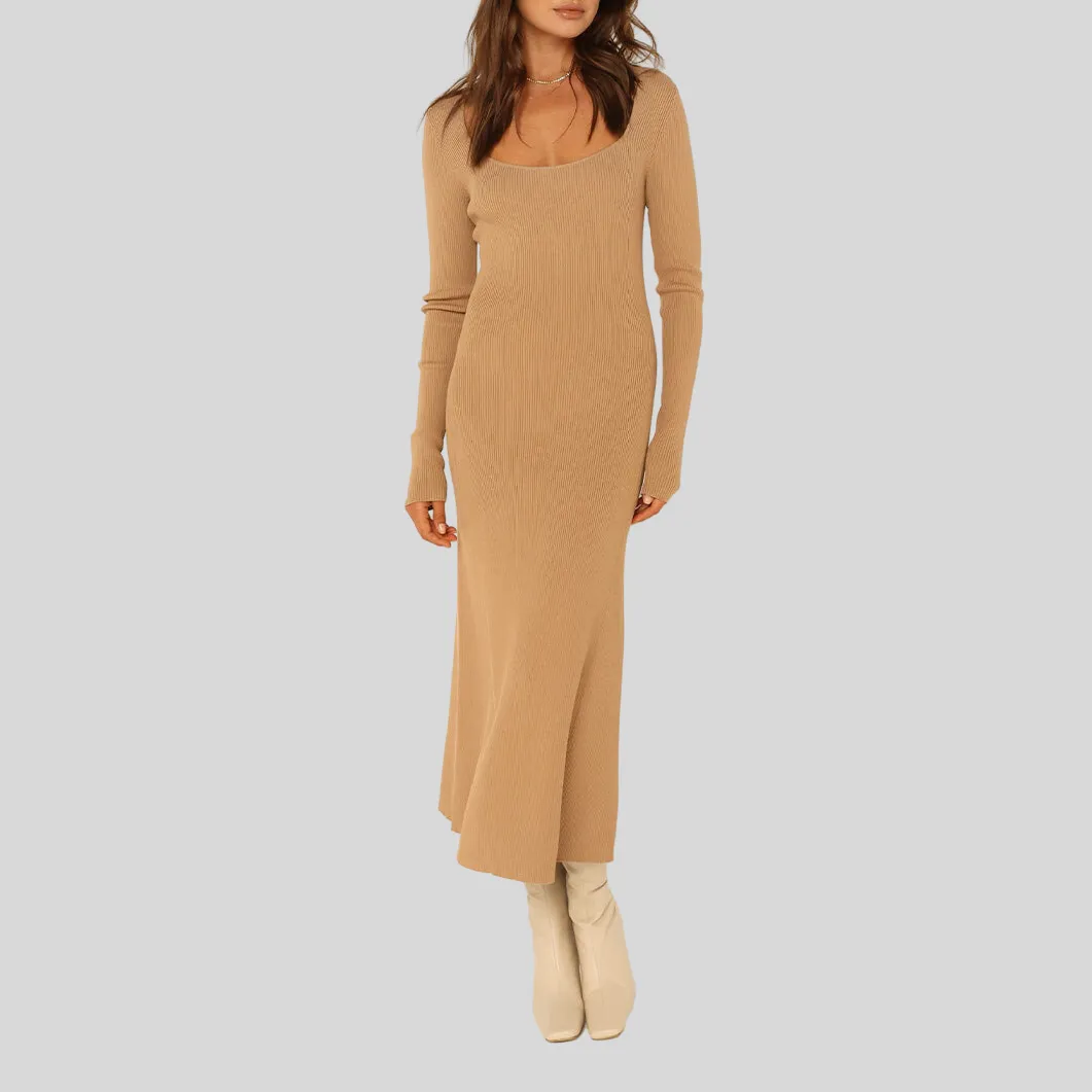 Ribbed Knit A-Line Midi Dress - Tan