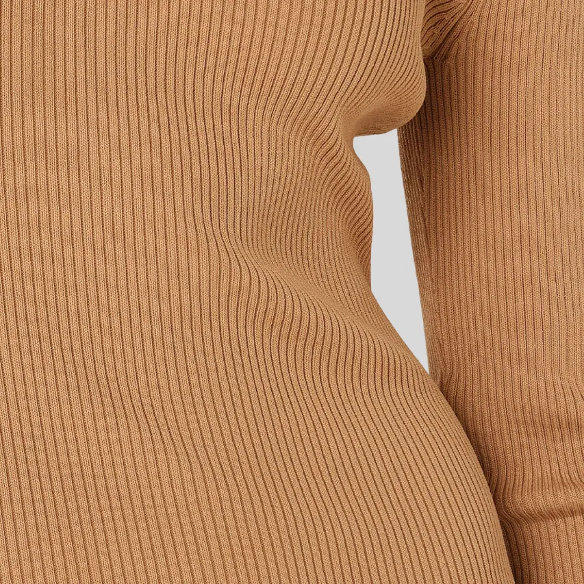 Ribbed Knit A-Line Midi Dress - Tan