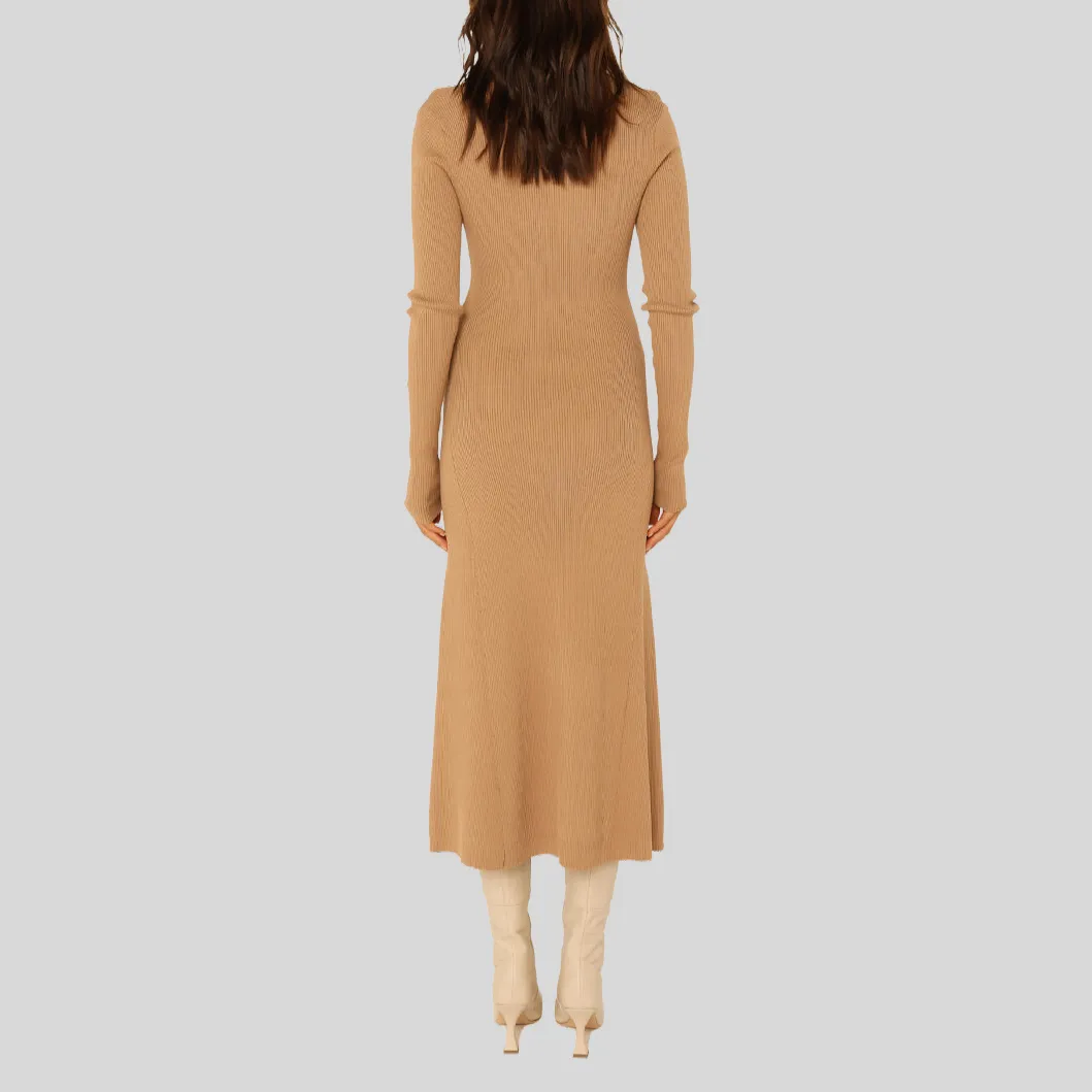 Ribbed Knit A-Line Midi Dress - Tan