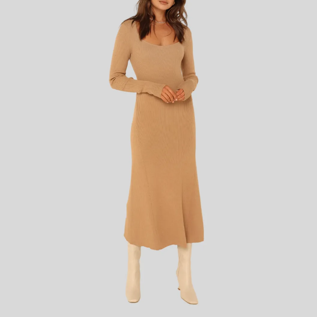 Ribbed Knit A-Line Midi Dress - Tan