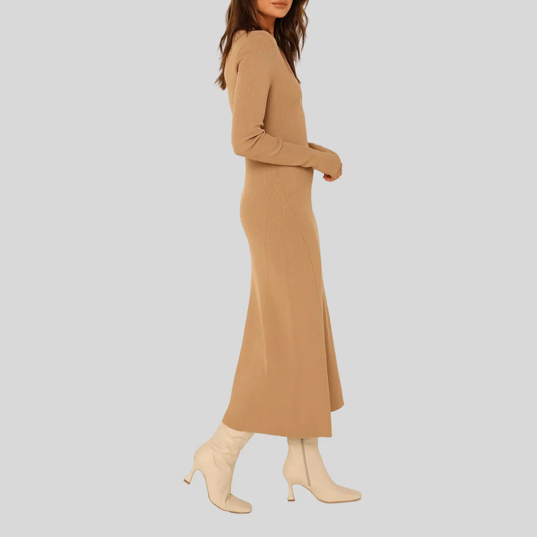 Ribbed Knit A-Line Midi Dress - Tan