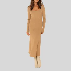 Ribbed Knit A-Line Midi Dress - Tan