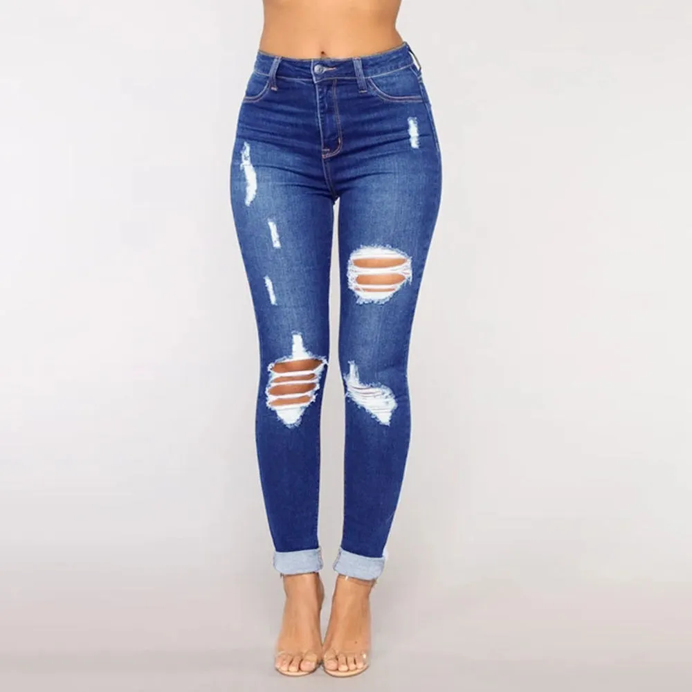 Ripped Mid Waist Skinny Denim Jeans