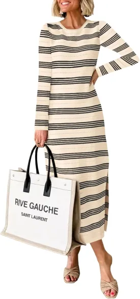 Saodimallsu Womens Long Sleeve Sweater Dress Striped Casual Knit Side Slit Hollow Out Crew Neck Midi Dresses