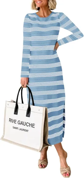 Saodimallsu Womens Long Sleeve Sweater Dress Striped Casual Knit Side Slit Hollow Out Crew Neck Midi Dresses
