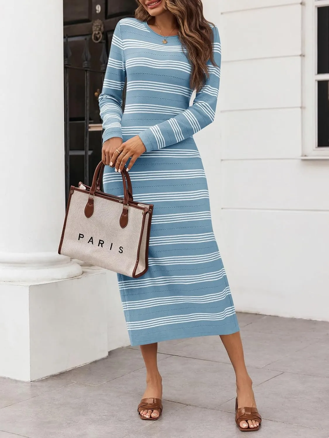 Saodimallsu Womens Long Sleeve Sweater Dress Striped Casual Knit Side Slit Hollow Out Crew Neck Midi Dresses