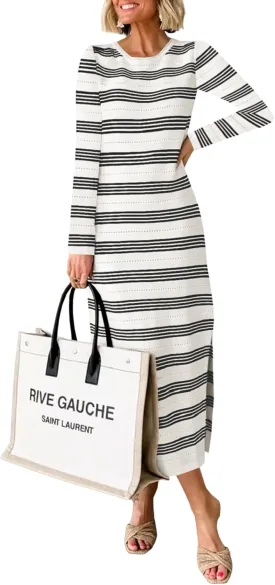 Saodimallsu Womens Long Sleeve Sweater Dress Striped Casual Knit Side Slit Hollow Out Crew Neck Midi Dresses