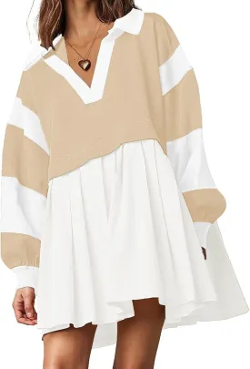 SAUKOLE Women’s Oversized Casual Sweatshirt Patchwork Dress Fall Long Sleeve Trendy Lapel Neck Pleated Mini Dress
