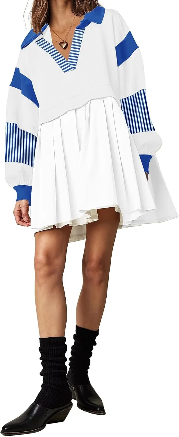 SAUKOLE Women’s Oversized Casual Sweatshirt Patchwork Dress Fall Long Sleeve Trendy Lapel Neck Pleated Mini Dress