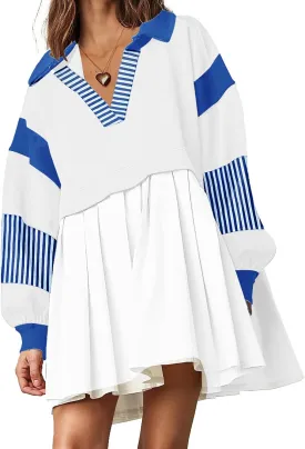 SAUKOLE Women’s Oversized Casual Sweatshirt Patchwork Dress Fall Long Sleeve Trendy Lapel Neck Pleated Mini Dress