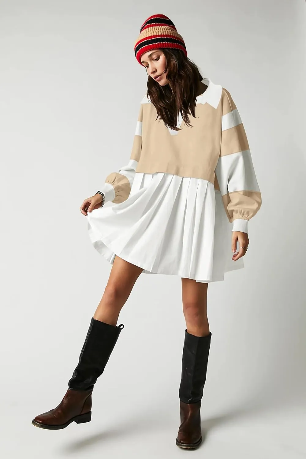 SAUKOLE Women’s Oversized Casual Sweatshirt Patchwork Dress Fall Long Sleeve Trendy Lapel Neck Pleated Mini Dress
