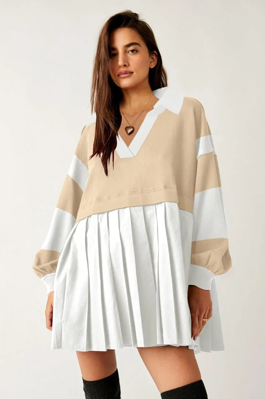 SAUKOLE Women’s Oversized Casual Sweatshirt Patchwork Dress Fall Long Sleeve Trendy Lapel Neck Pleated Mini Dress