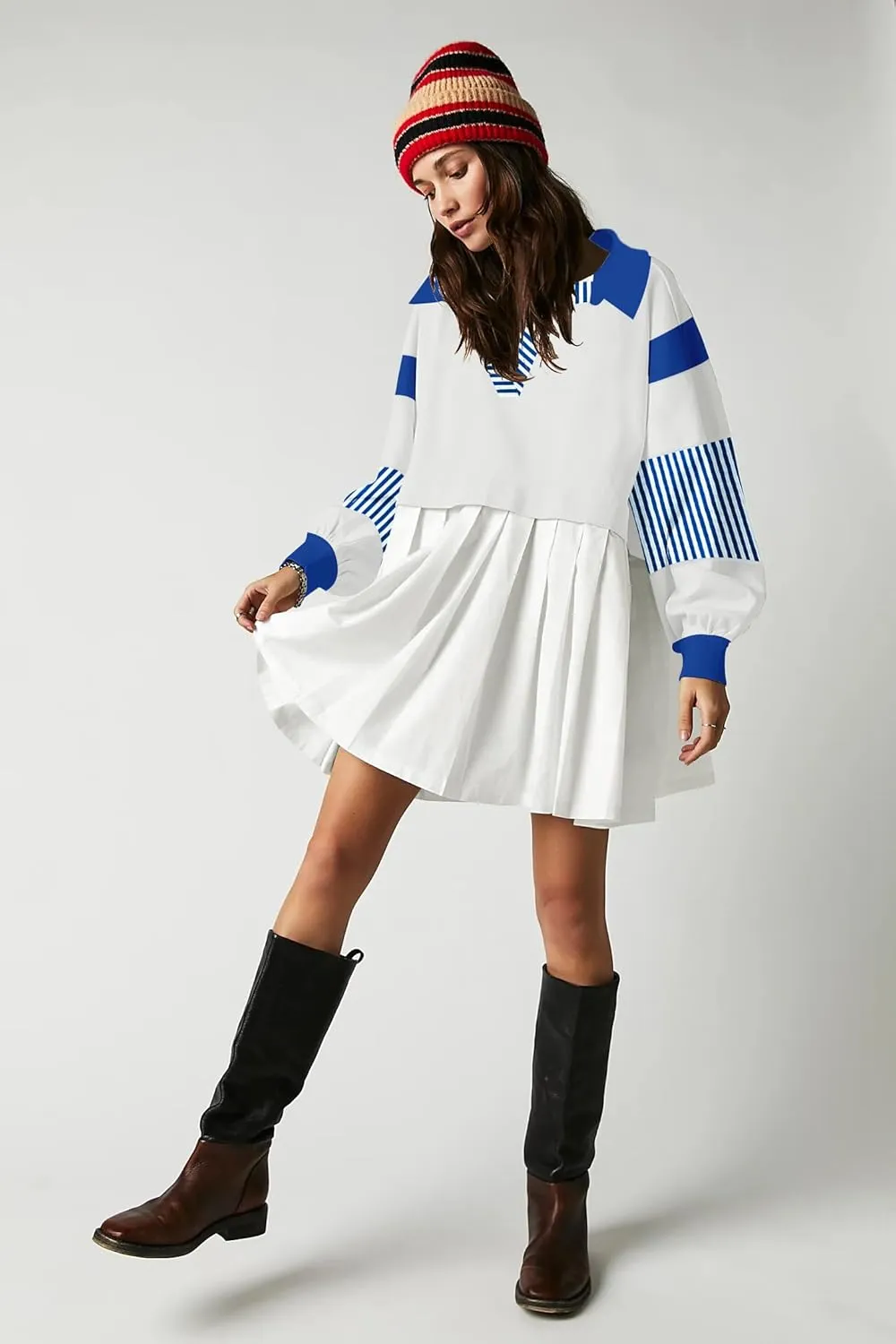 SAUKOLE Women’s Oversized Casual Sweatshirt Patchwork Dress Fall Long Sleeve Trendy Lapel Neck Pleated Mini Dress