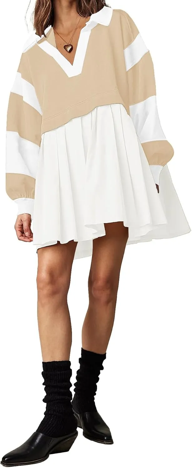 SAUKOLE Women’s Oversized Casual Sweatshirt Patchwork Dress Fall Long Sleeve Trendy Lapel Neck Pleated Mini Dress