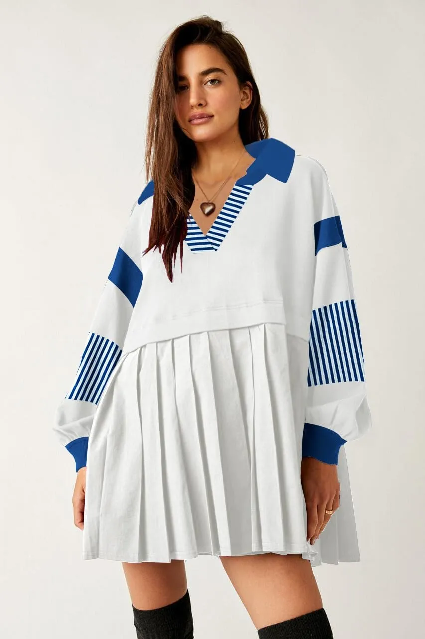 SAUKOLE Women’s Oversized Casual Sweatshirt Patchwork Dress Fall Long Sleeve Trendy Lapel Neck Pleated Mini Dress