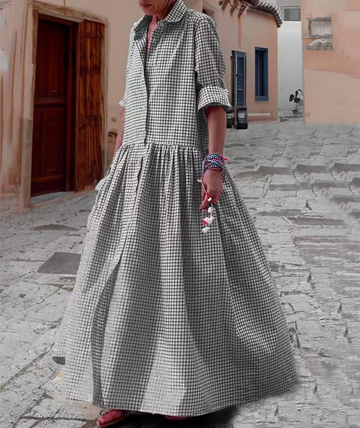 Sexyshine Women's Retro Plaid Button Down Long Sleeve Maxi Shirt Dress Loose Button Up Gingham Swing Pleated Long Dress