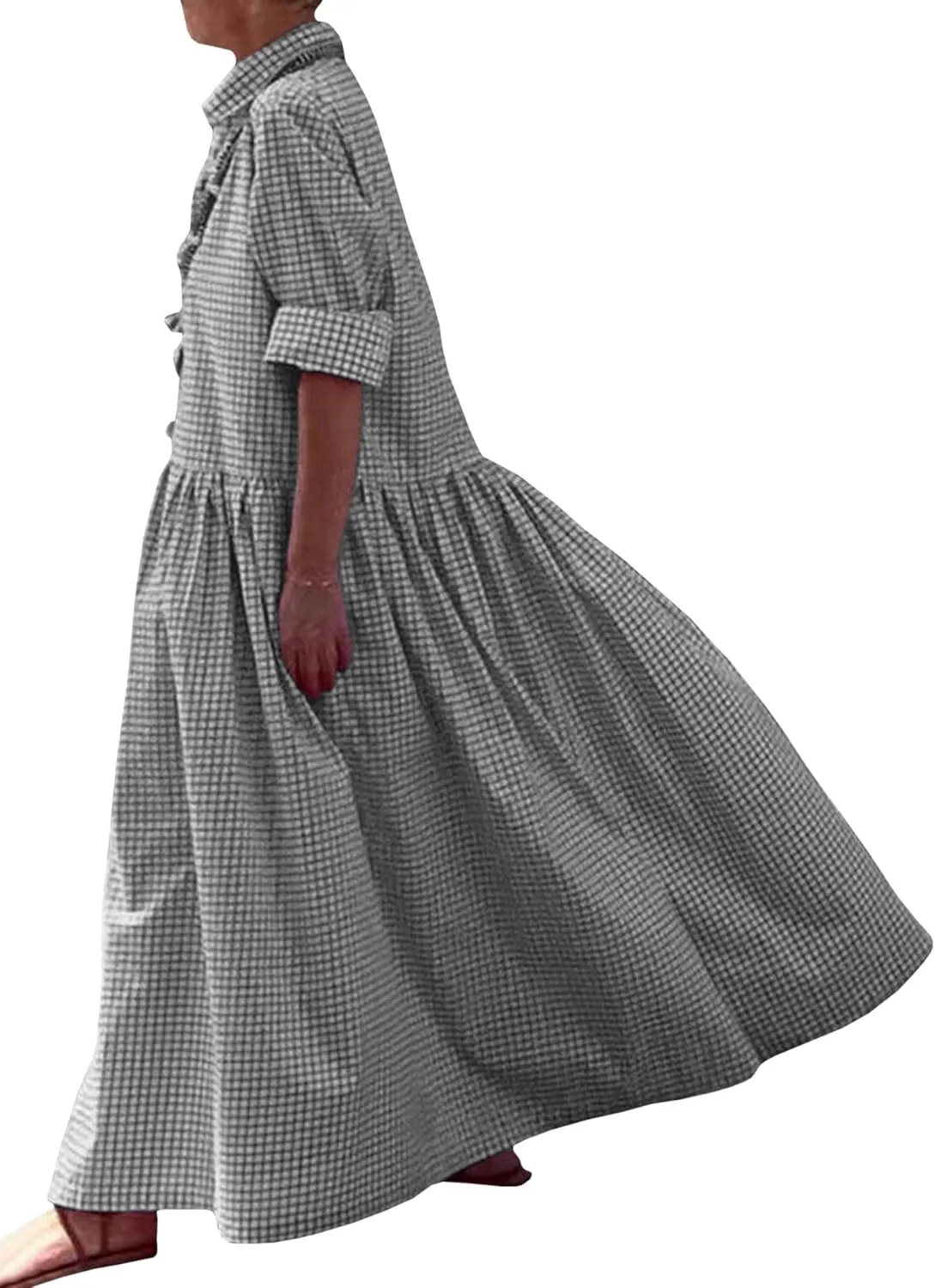 Sexyshine Women's Retro Plaid Button Down Long Sleeve Maxi Shirt Dress Loose Button Up Gingham Swing Pleated Long Dress