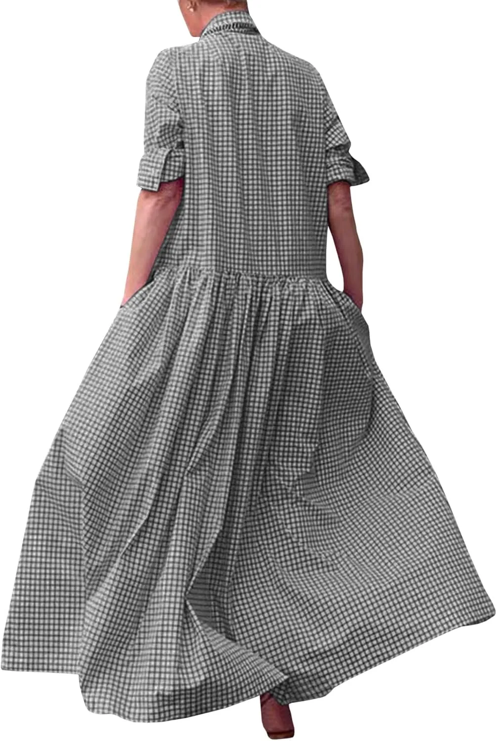 Sexyshine Women's Retro Plaid Button Down Long Sleeve Maxi Shirt Dress Loose Button Up Gingham Swing Pleated Long Dress