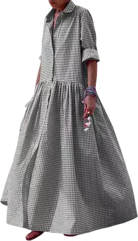 Sexyshine Women's Retro Plaid Button Down Long Sleeve Maxi Shirt Dress Loose Button Up Gingham Swing Pleated Long Dress