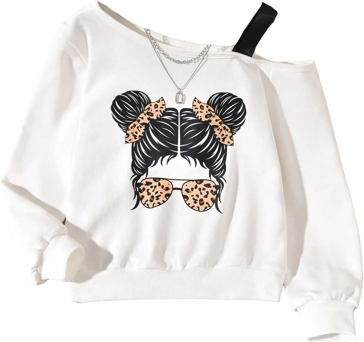 SHENHE Girl's Graphic Print Cut Out Shoulder Asymmetrical Cute Sweatshirt Pullover Top