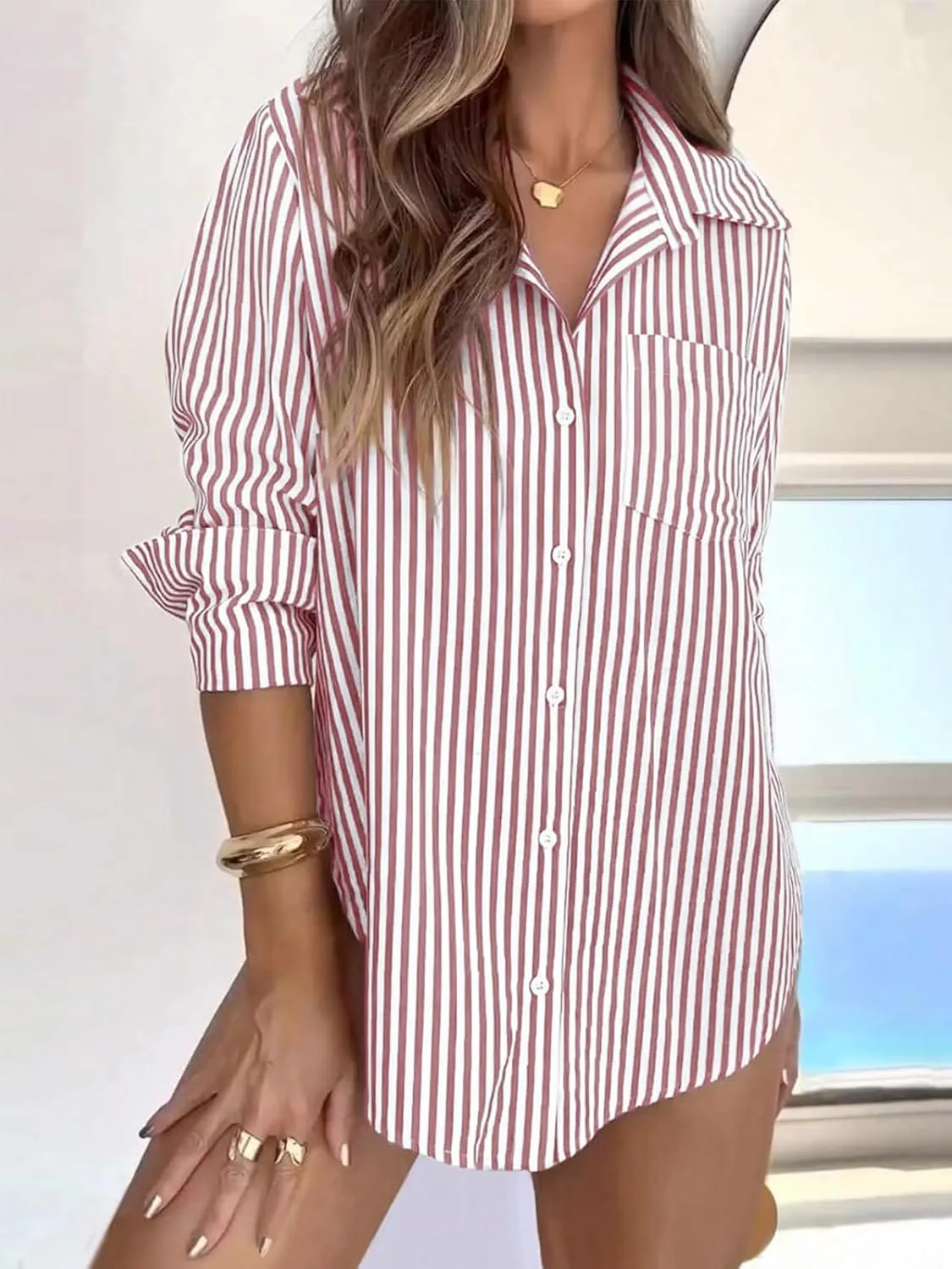 siliteelon Striped Button Down Shirts for Women Dress Shirts Long Sleeve Casual Collared Office Work Shirt with Pocket