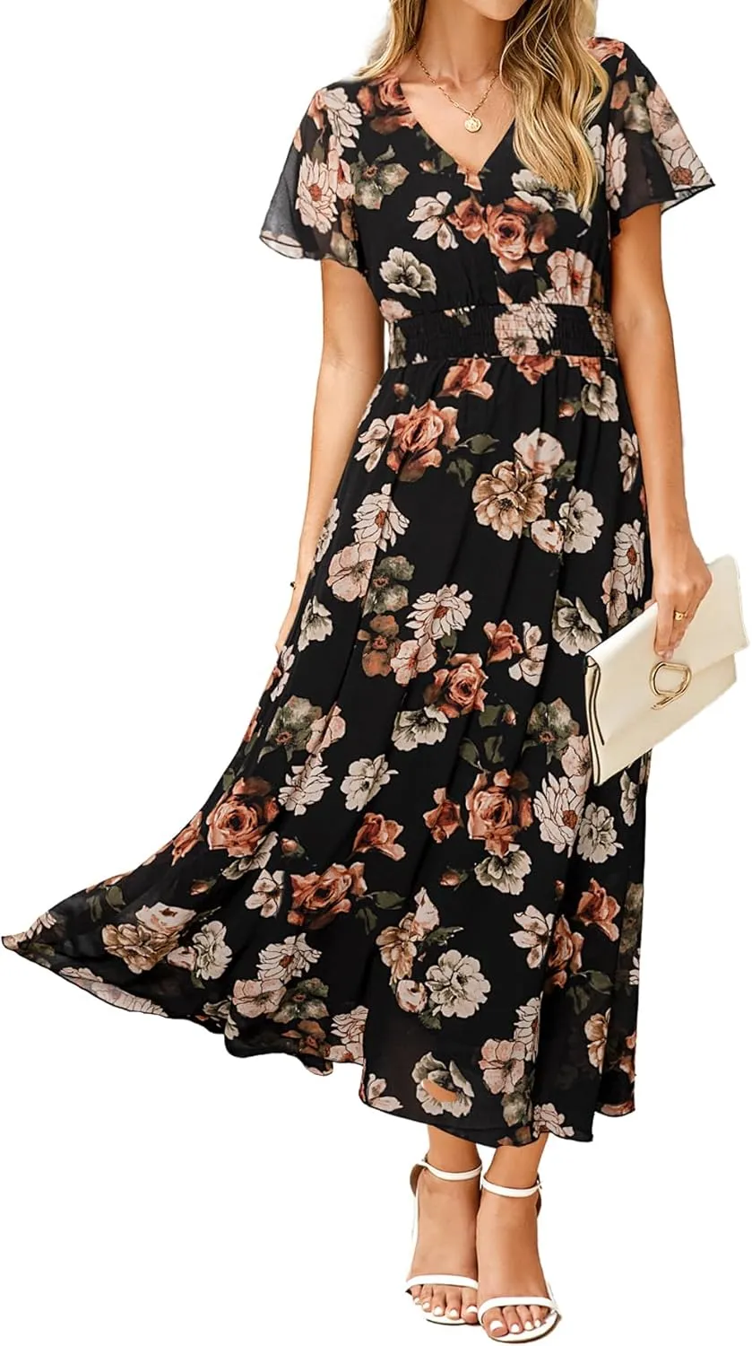 Simplee Womens Floral Maxi Dress - Short Sleeve Summer Boho Wedding Guest Dress Empire Waist Chiffon Modest Midi Dresses