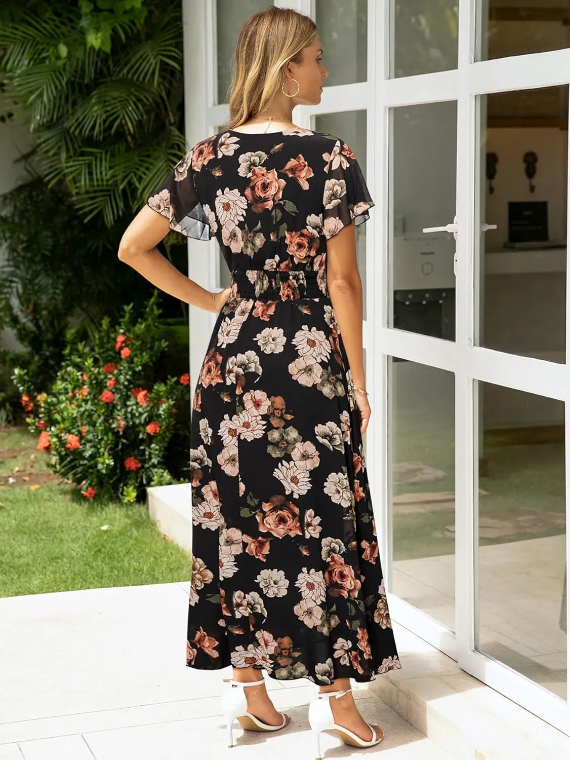 Simplee Womens Floral Maxi Dress - Short Sleeve Summer Boho Wedding Guest Dress Empire Waist Chiffon Modest Midi Dresses